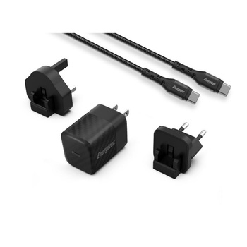 Energizer Ultimate - Multiplug EU / UK / US GaN USB-C 20W PD travel charger + USB-C cable (Black)