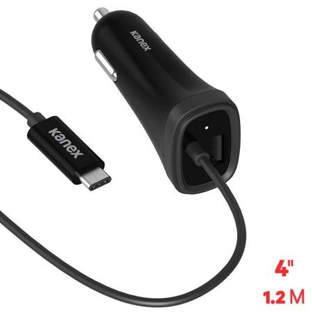 Kanex USB-C Car Charger with USB-C cable, 3 A, 1.2 m + USB Port 1 A (Black)