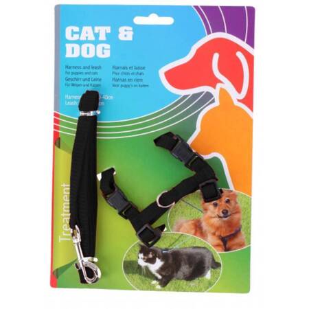 Nylon harness 30-40 cm for dog or cat + leash 120 cm (black)