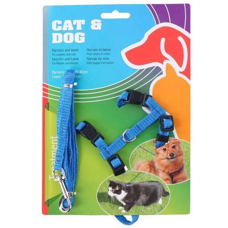 Nylon harness 30-40 cm for dog or cat + leash 120 cm (blue)