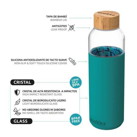 Quokka Flow - Glass rounded bottle with silicone cover 660ml (Inner Palm Leaves)