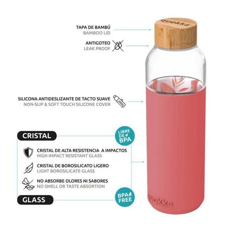 Quokka Flow - Glass rounded bottle with silicone cover 660ml (Inner Pink Botanical)