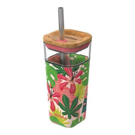 Quokka Liquid Cube - Glass Straw Tumbler with Silicone Cover 540 ml (Pink Jungle)