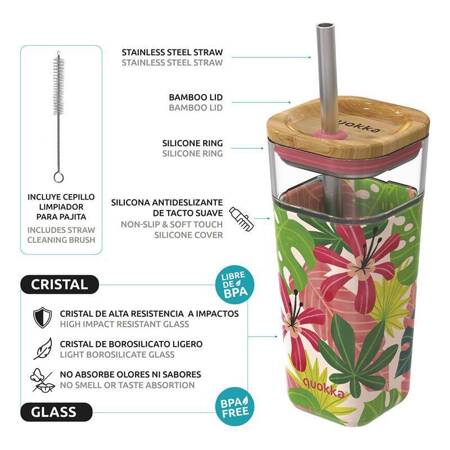 Quokka Liquid Cube - Glass Straw Tumbler with Silicone Cover 540 ml (Pink Jungle)