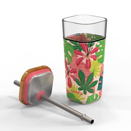 Quokka Liquid Cube - Glass Straw Tumbler with Silicone Cover 540 ml (Pink Jungle)