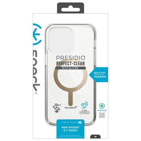 Speck Presidio Perfect-Clear with Glitter + MagSafe - Etui iPhone 14 Max z powłoką MICROBAN (Clear / Gold Glitter)