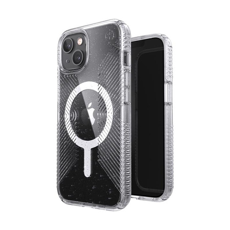 Speck Presidio Perfect-Clear avec paillettes + Grips + MagSafe - Coque pour iPhone 13 avec revêtement MICROBAN (transparent/paillettes platine)
