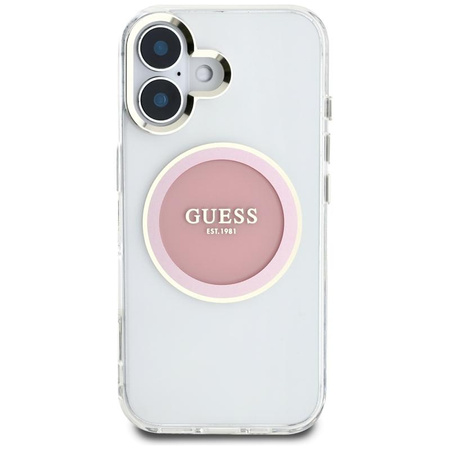 Guess IML Metallfarbener Kreis Klassisches Logo MagSafe - Hülle für iPhone 16 (rosa)