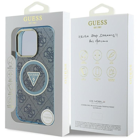 Guess IML Metal Glitter 4G Circle Triangle MagSafe - Coque pour iPhone 16 Pro (bleu)