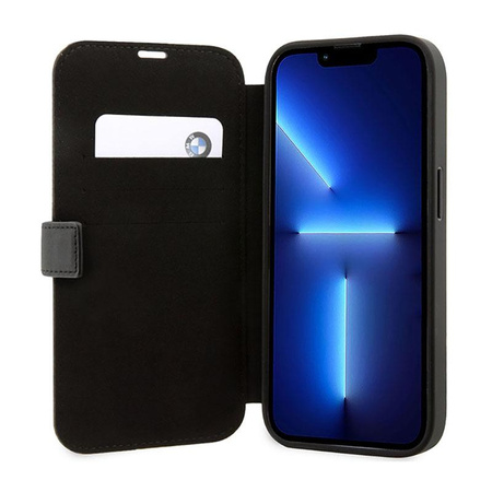 BMW Booktype Leather Stamp Blue Lines - Tasche für iPhone 14 Pro Max (Schwarz)