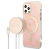 Guess Bundle Pack MagSafe 4G - Set aus hülle für iPhone 12 / iPhone 12 Pro + MagSafe Ladegerät (Pink/Gold)