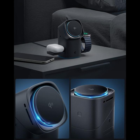 Spigen Essential EF223MS Qi2 Rotary Magnetic – indukční nabíječka MagSafe 3v1 pro iPhone, AirPods a Apple Watch 15 W (černá)
