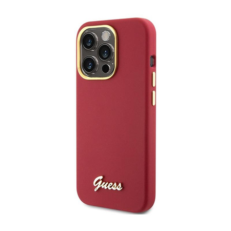 Guess Silikon Script Metall Logo & Rahmen - iPhone 15 Pro Tasche (magenta)