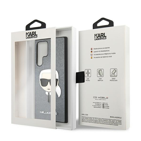 Karl Lagerfeld Saffiano Ikonik Karl`s Head - Etui Samsung Galaxy S22 Ultra (srebrny)