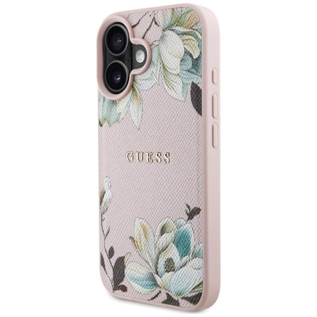 Guess MagSafe - Tasche mit genarbtem Blumenmuster für iPhone 16 (rosa)