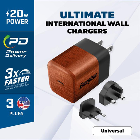 Energizer Ultimate - cestovní nabíječka Multiplug EU / UK / US GaN USB-C 20W PD (ořechová dýha)