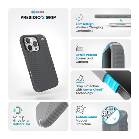 Speck Presidio2 Grip - pouzdro pro iPhone 16 Pro (Charcoal Grey / Cool Bronze / White)