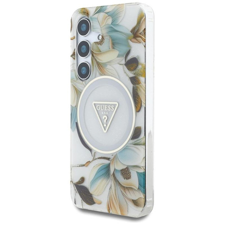 Guess Glitter Flowers Triangle Buttons MagSafe - étui pour Samsung Galaxy S25 (blanc)