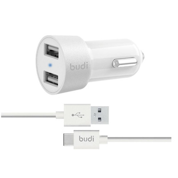 Budi - Autótöltő 2x USB, 24W + USB-C kábel 1,2 m (fehér)