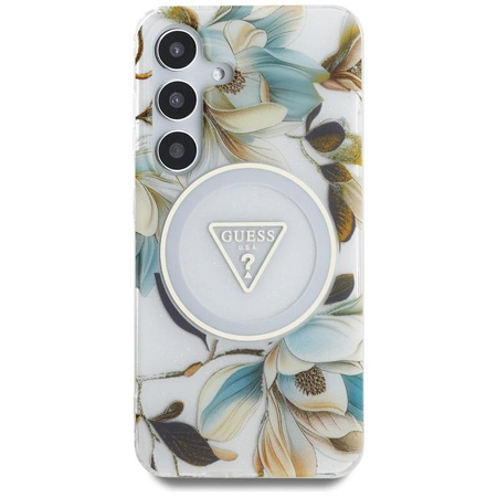 Guess Glitter Flowers Triangle Buttons MagSafe - étui pour Samsung Galaxy S25 (blanc)