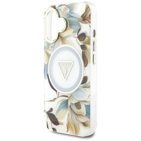 Guess Glitter Flowers Triangle Buttons MagSafe - Tasche für iPhone 16 (weiß)