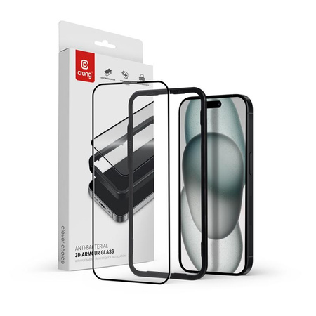Crong Antibakteriální 3D Armor Glass - 9H tvrzené sklo s plným lepidlem pro iPhone 16 Plus / iPhone 15 Plus + instalační rámeček