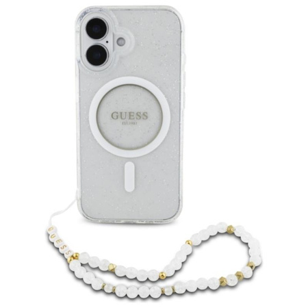 Guess IML Glitter With Pearl Strap MagSafe - pouzdro pro iPhone 16 (průhledné)
