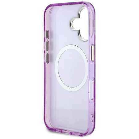 Guess Glitter Flowers Triangle Buttons MagSafe - étui pour iPhone 16 (violet)