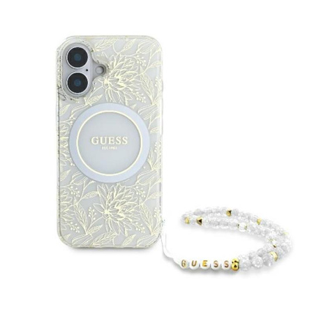 Guess IML Blumen Allover Elektro mit Perle Riemen MagSafe - iPhone 16 Plus Fall (weiß)