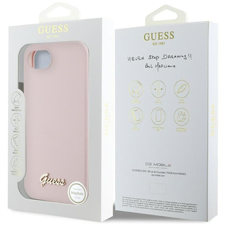 Guess Silicone Script Metal Logo MagSafe - Pouzdro na iPhone 16e (růžové)