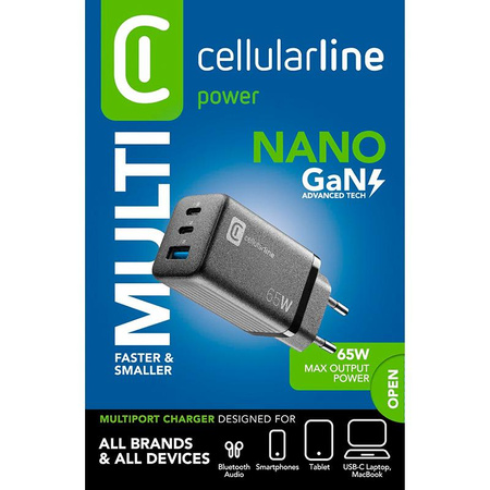 Cellularline Multipower Micro GaN - Chargeur de puissance 2x USB-C & USB-A Power Delivery 65W (noir)