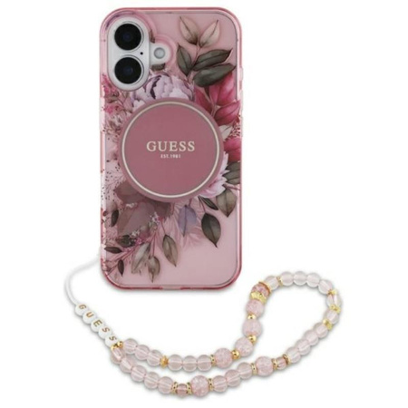 Guess IML Flowers With Pearl Strap MagSafe - Case for iPhone 16 (Pink)