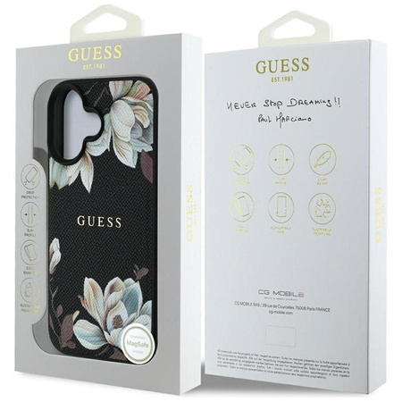 Guess Grained Printed Flower Pattern MagSafe - Hülle für iPhone 16 (schwarz)