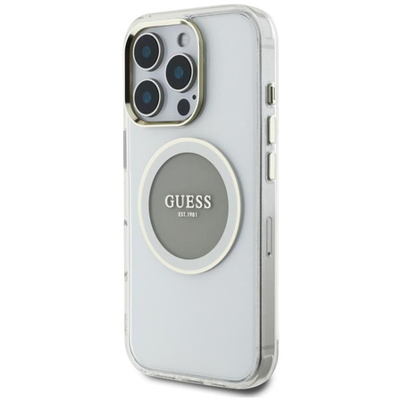 Guess IML Metallfarbener Kreis Klassisches Logo MagSafe - Gehäuse für iPhone 16 Pro (grau)