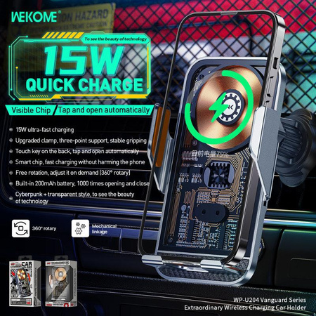 WEKOME WP-U204 Vanguard sorozat - Automatikus autós tartó 15W-os vezeték nélküli töltéssel (fekete)