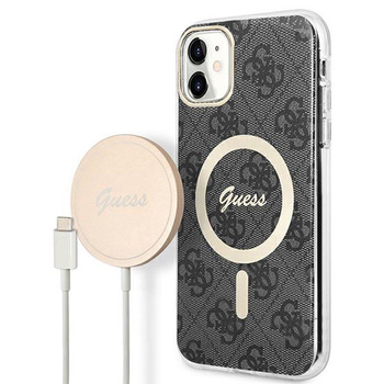 Guess Bundle Pack MagSafe 4G - Set aus hülle für iPhone 11 + MagSafe Ladegerät (Schwarz/Gold)