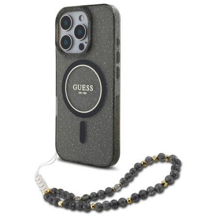 Guess IML Glitter With Pearl Strap MagSafe - iPhone 16 Pro Max Tasche (schwarz)