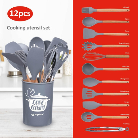 Alpina - Set di utensili da cucina in silicone con supporto, 12 pezzi