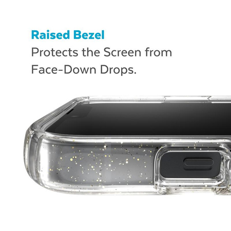 Speck Presidio Perfect-Clear csillámos + MagSafe - iPhone 15 Plus / 14 Plus tok MICROBAN bevonattal (átlátszó / arany csillámpor)