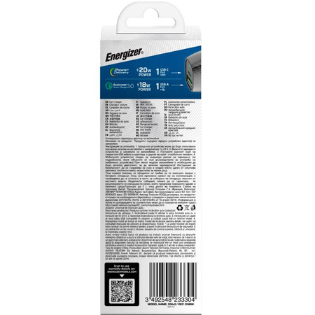Energizer Ultimate - USB-C és USB-A 38W PD + QC3.0 autós töltő (fekete)