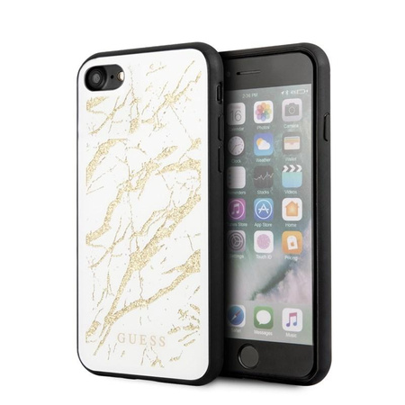Guess Marble Glass Gold Glitter - pouzdro pro iPhone SE 2020 / 8 / 7 (bílé)