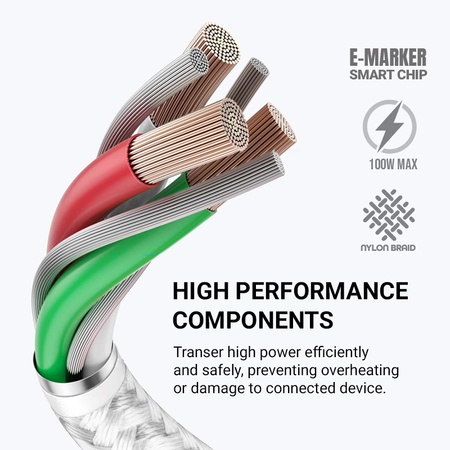 Biały Kabel USB C 2m Szybkie Ładowanie Crong Armor Link Nylon 100W PD 5A