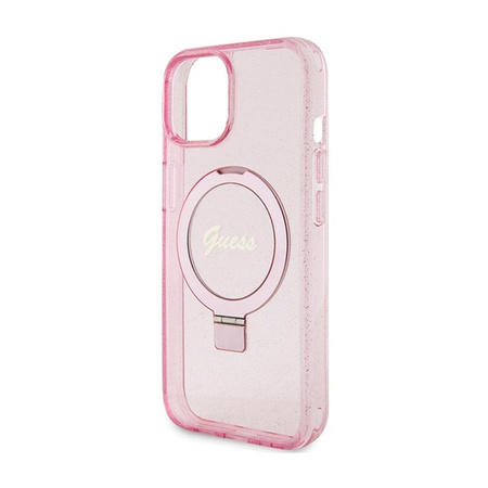 Guess Ring Stand Script Glitter MagSafe - Etui iPhone 15 (różowy)