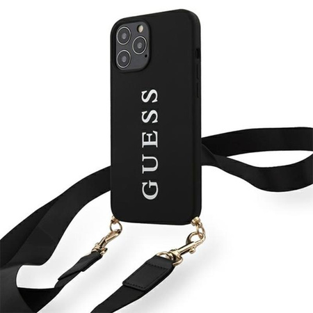 Guess HC Silicone Printed Logo + Strap - pouzdro s odnímatelnou šňůrkou na iPhone 12 Pro Max (černé)