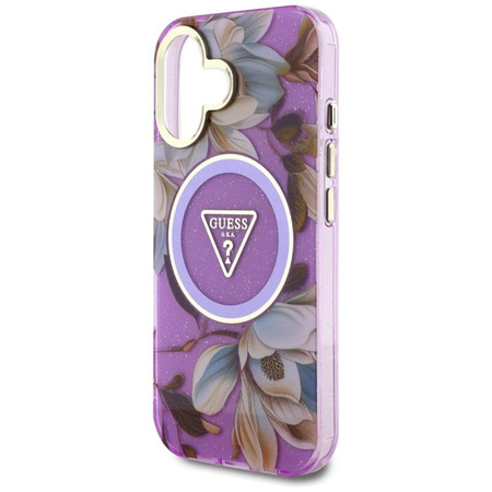 Guess Glitter Flowers Triangle Buttons MagSafe - pouzdro pro iPhone 16 (fialové)