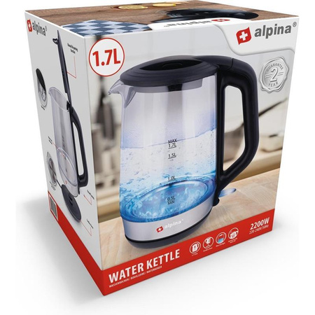 Alpina - Elektrischer Wasserkocher aus Glas mit LED-Beleuchtung 1,7 L 2200 W