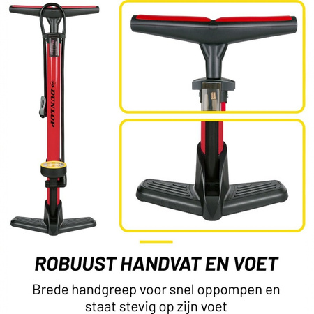 Dunlop - Standpumpe für Fahrräder, Bälle, Matratzen mit Manometer (Rot)