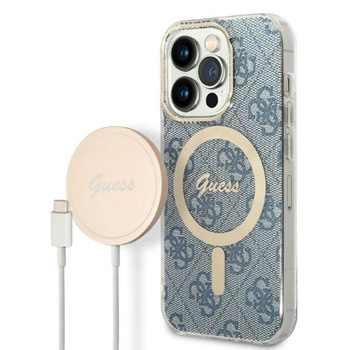 Guess Bundle Pack MagSafe 4G - Set aus hülle für iPhone 14 Pro + MagSafe Ladegerät (Blau/Gold)