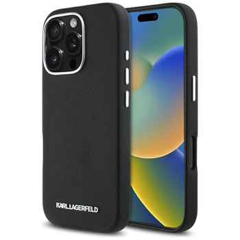 Karl Lagerfeld Saffiano Full Wrapped Elongated Metal Logo MagSafe - tok iPhone 16 Pro-hoz (fekete)