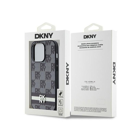 DKNY Leather Checkered Mono Pattern & Printed Stripes - iPhone 14 Pro Case (black)